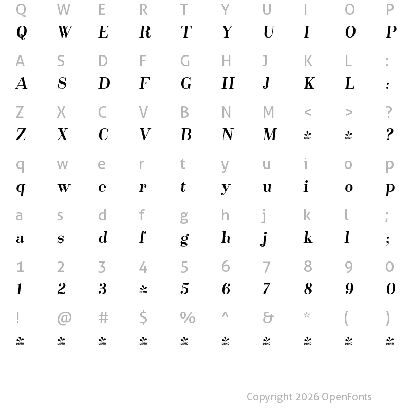 Character Map of FONTSPRING DEMO - Santis Bold Bold Italic