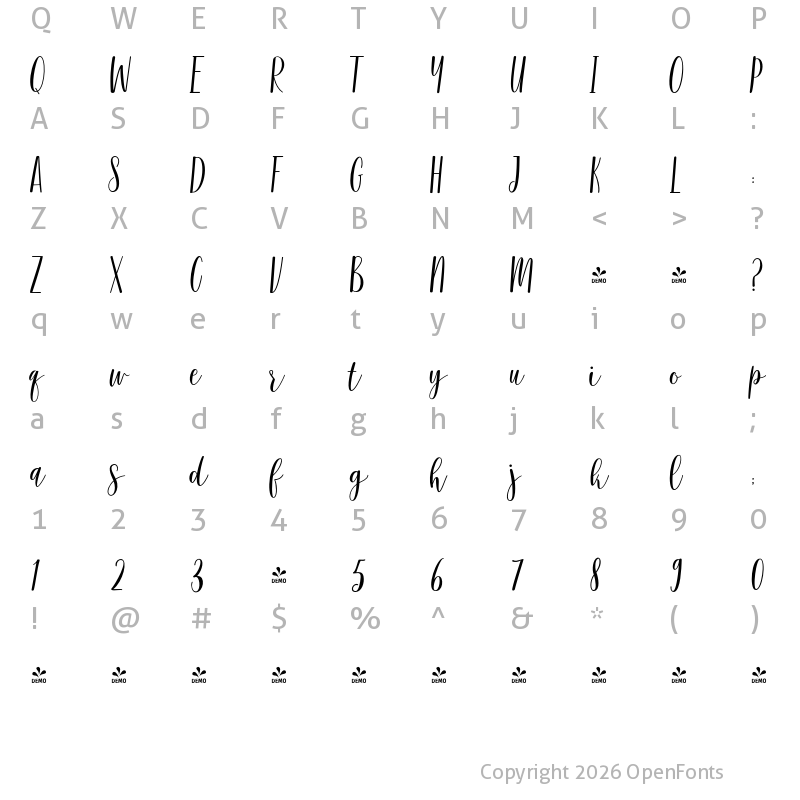Character Map of FONTSPRING DEMO - Sarinah Script Regular