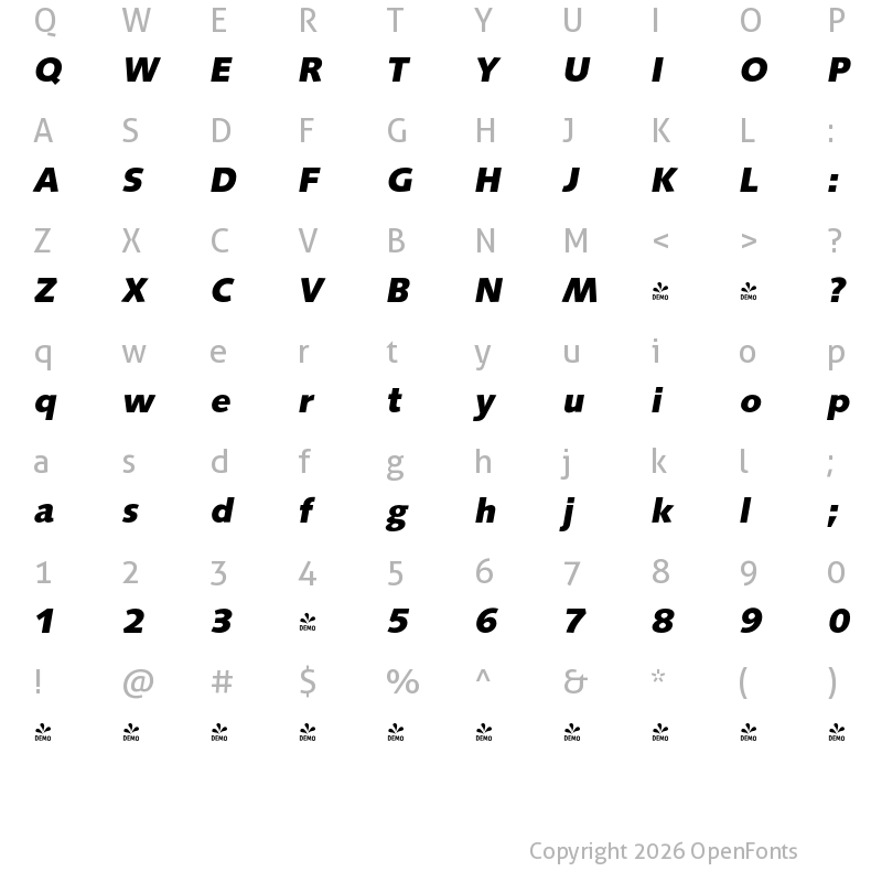 Character Map of FONTSPRING DEMO - Saxony Serial Xbold Italic