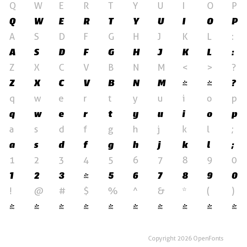 Character Map of FONTSPRING DEMO - Scansky Black Italic