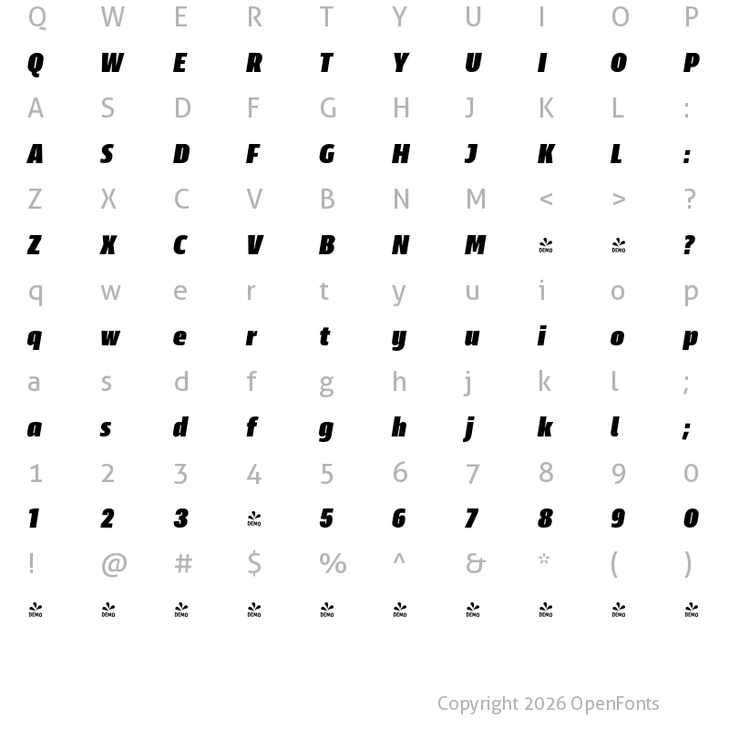 Character Map of FONTSPRING DEMO - Scansky Condensed Black Italic