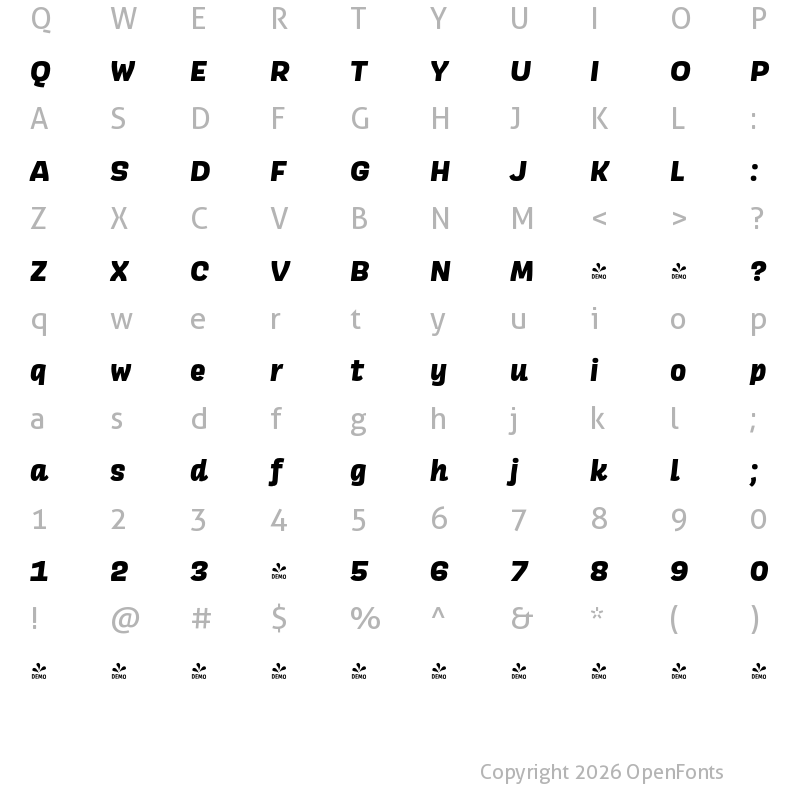 Character Map of FONTSPRING DEMO - Scarlet ExtraBold Italic Regular