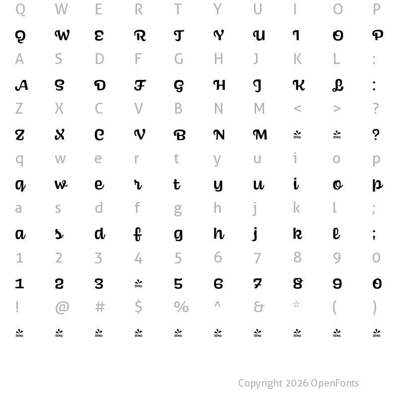 Character Map of FONTSPRING DEMO - Scarlet Script Bold Regular