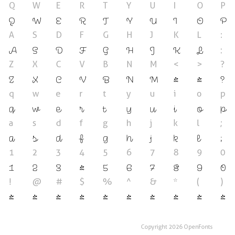 Character Map of FONTSPRING DEMO - Scarlet Script Light Regular