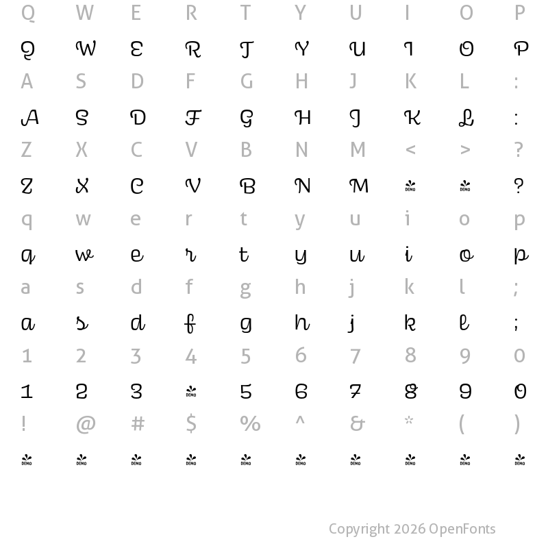 Character Map of FONTSPRING DEMO - Scarlet Script Regular Regular