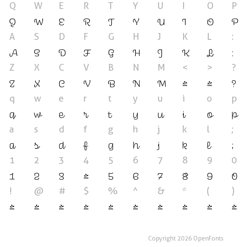 Character Map of FONTSPRING DEMO - Scarlet Script SemiLight Regular