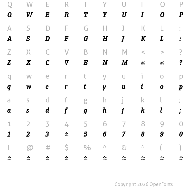 Character Map of FONTSPRING DEMO - Schnebel Slab Pro Cond Bold Italic