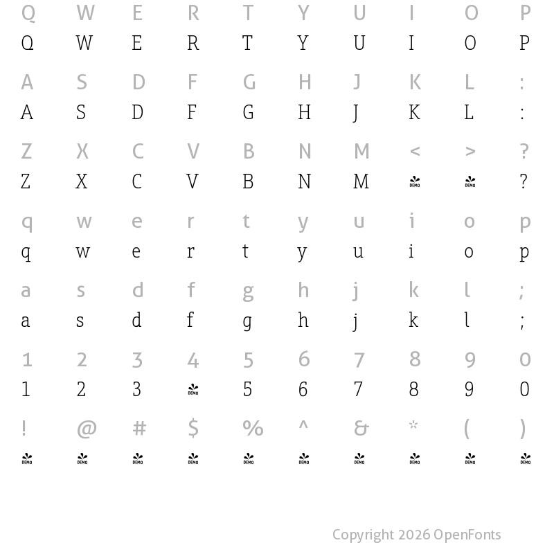Character Map of FONTSPRING DEMO - Schnebel Slab Pro Cond Thin Regular