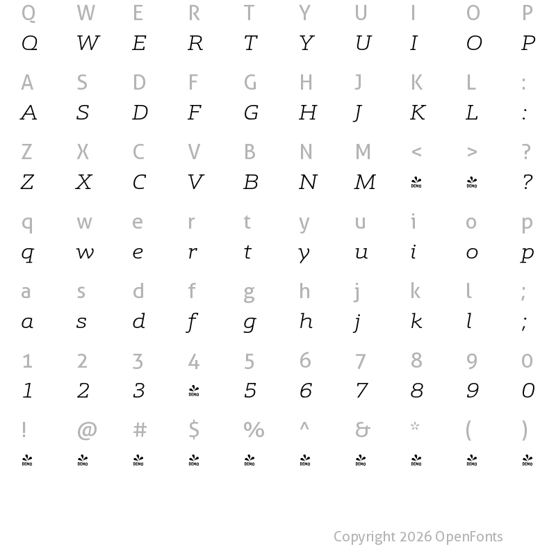 Character Map of FONTSPRING DEMO - Schnebel Slab Pro Expand Light Italic