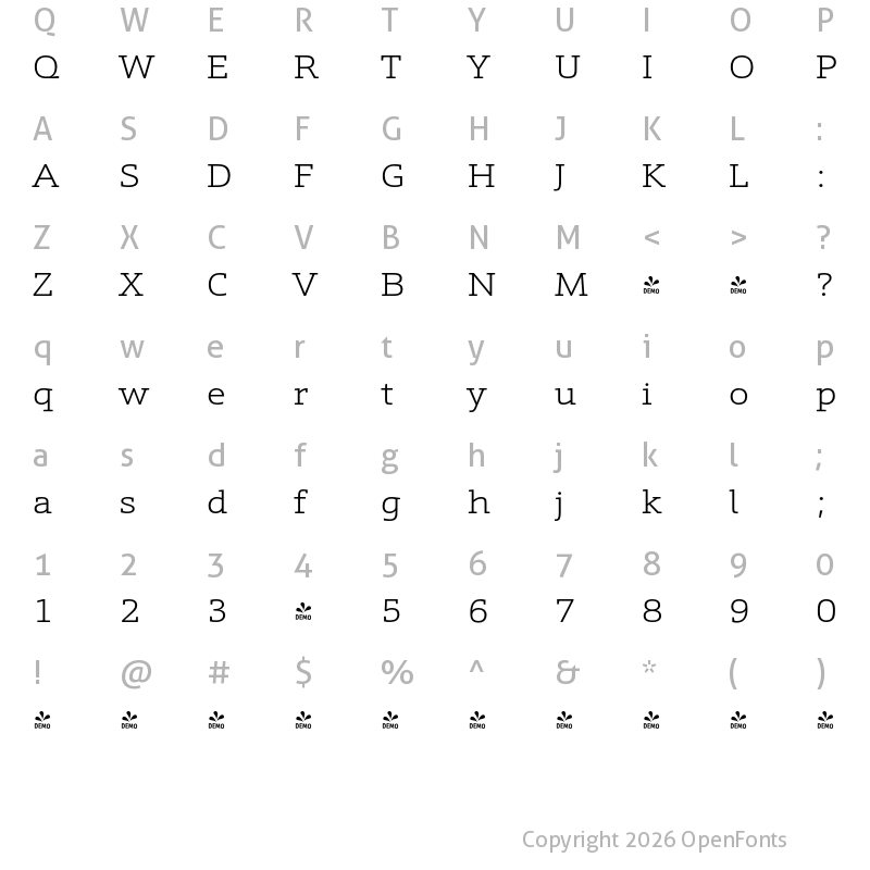 Character Map of FONTSPRING DEMO - Schnebel Slab Pro Expand Light Regular