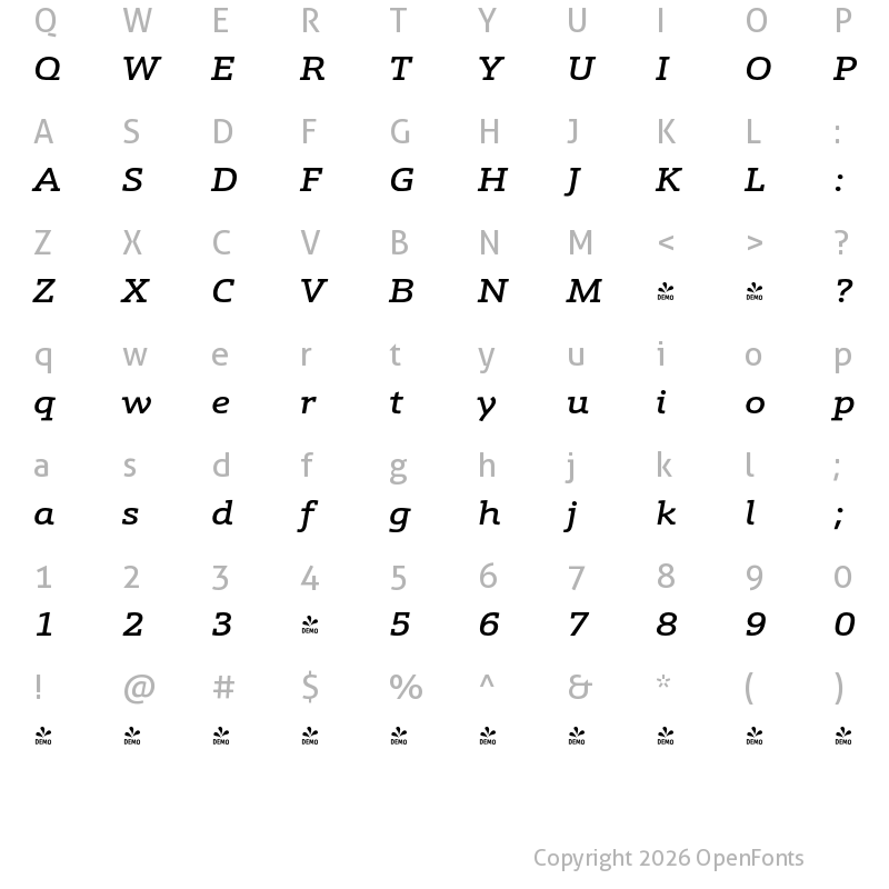 Character Map of FONTSPRING DEMO - Schnebel Slab Pro Expand Medium Italic