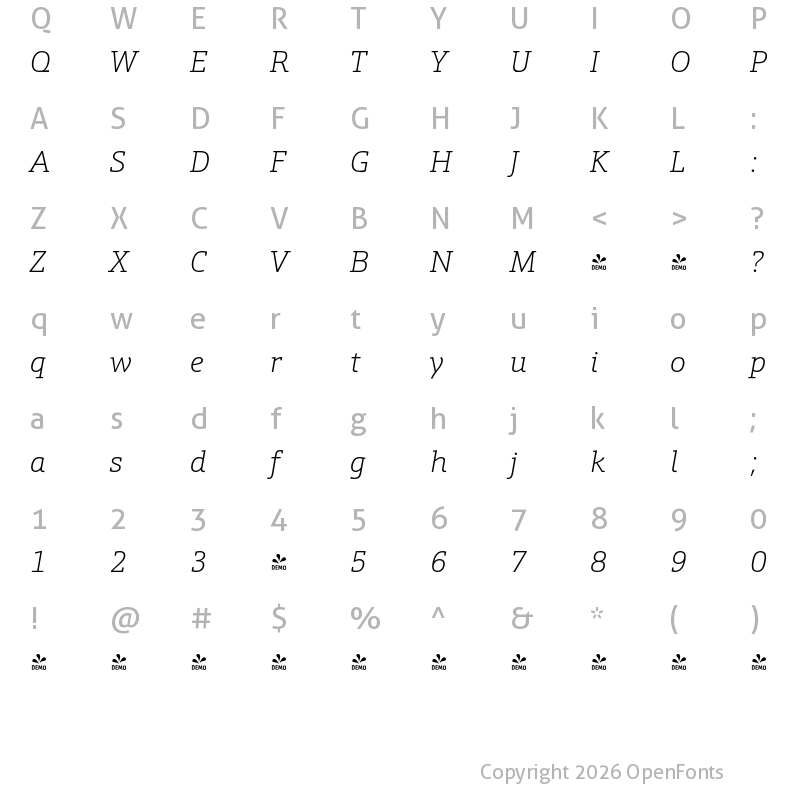 Character Map of FONTSPRING DEMO - Schnebel Slab Pro Thin Italic