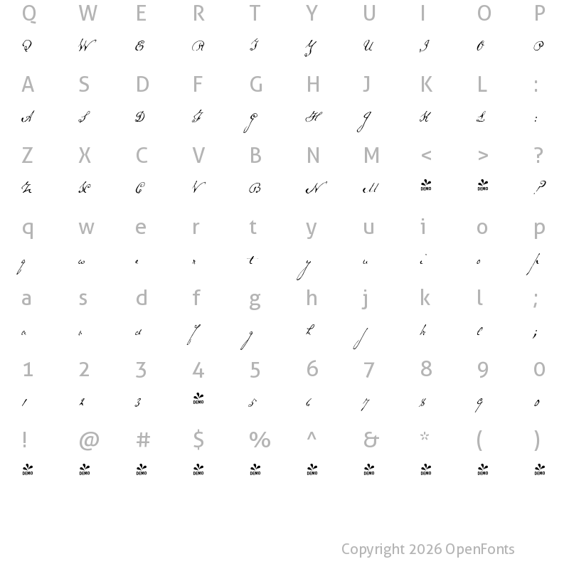 Character Map of FONTSPRING DEMO - Schooner Script Regular