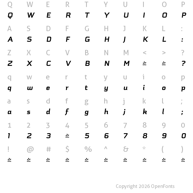 Character Map of FONTSPRING DEMO - Schwager Sans Black Italic