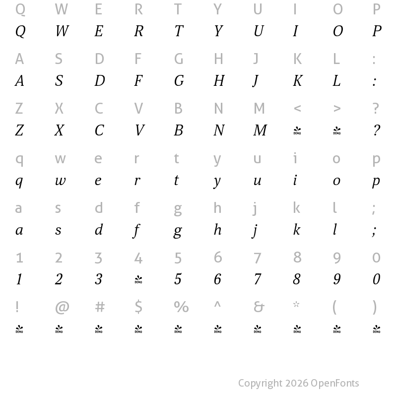 Character Map of FONTSPRING DEMO - Scientia Italic