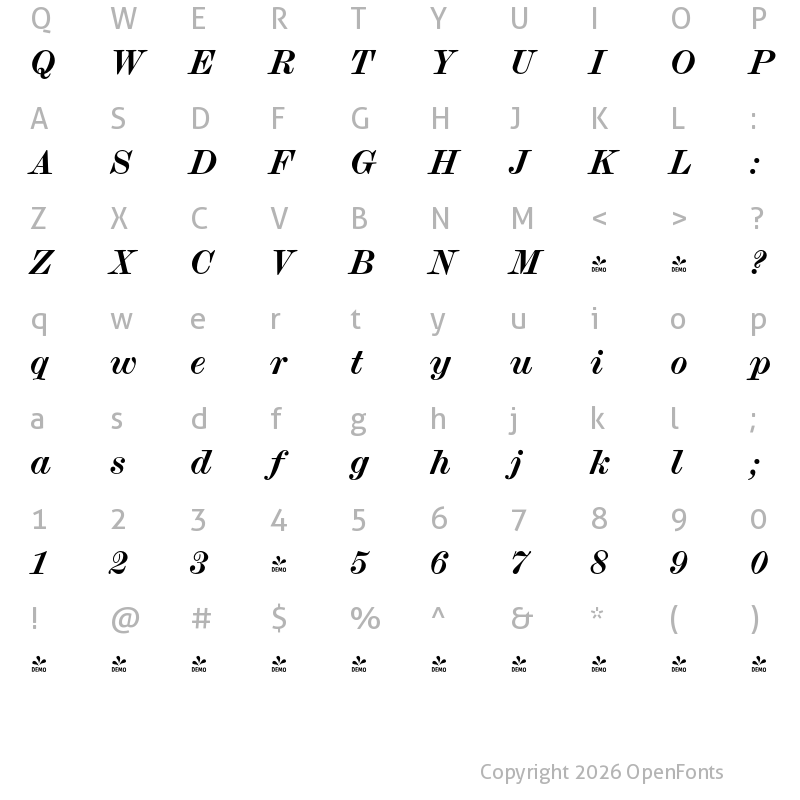 Character Map of FONTSPRING DEMO - Scotch Micro Bold Italic
