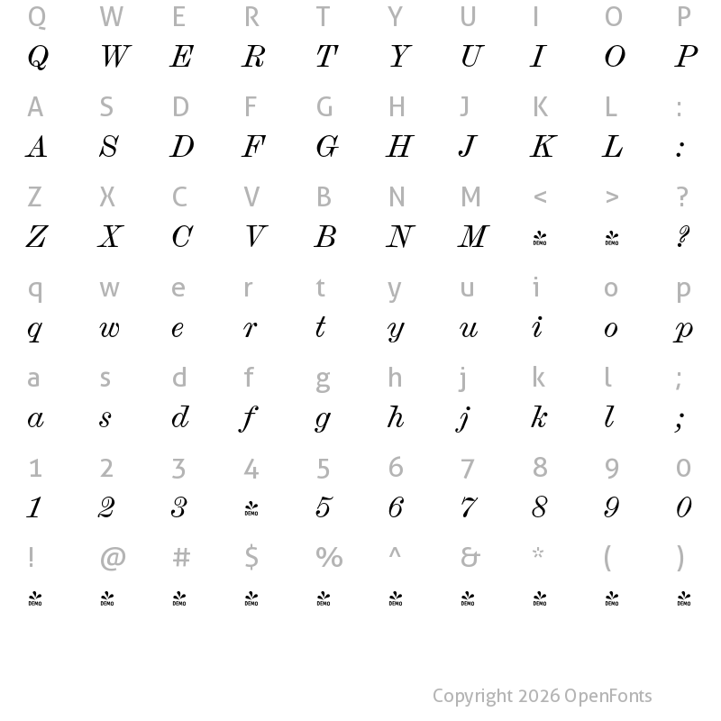 Character Map of FONTSPRING DEMO - Scotch Micro Italic