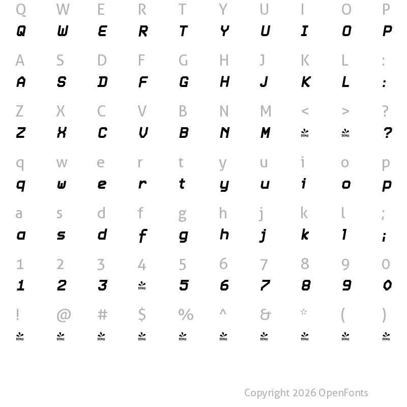 Character Map of FONTSPRING DEMO - Screener Bold Italic