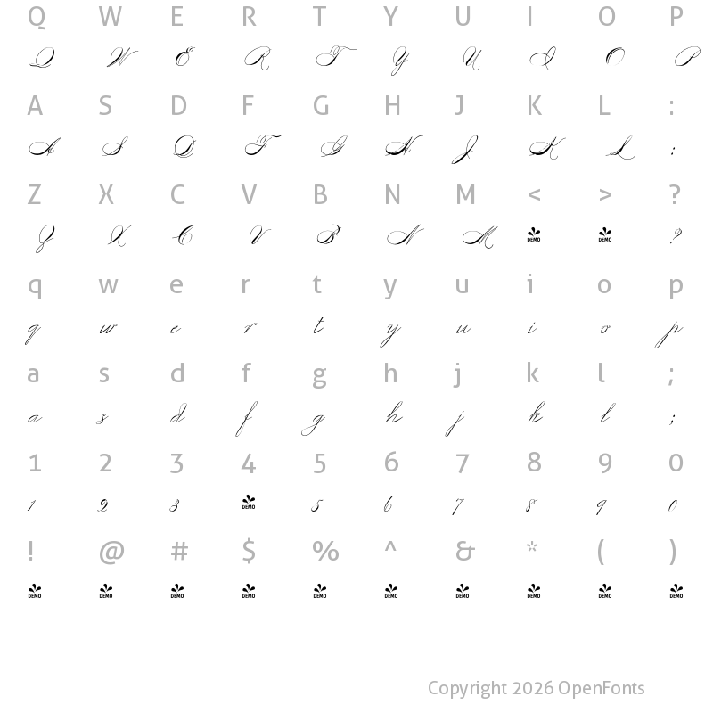 Character Map of FONTSPRING DEMO - ScriptofinoPlus Light