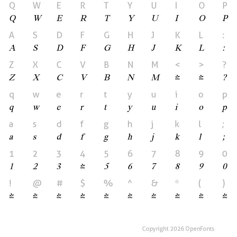 Character Map of FONTSPRING DEMO - Segikan Italic