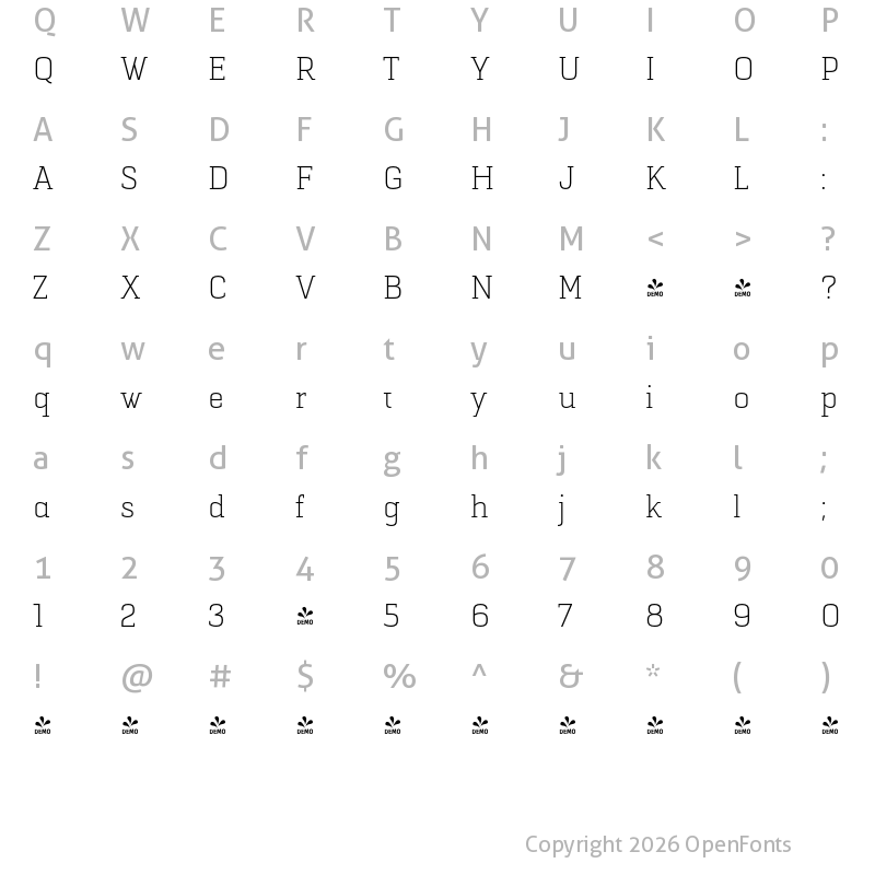 Character Map of FONTSPRING DEMO - Selektor Slab Light Regular