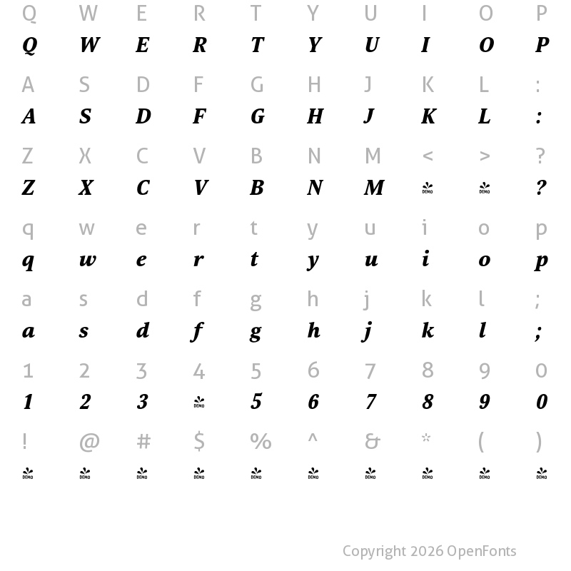 Character Map of FONTSPRING DEMO - Selina Black Italic