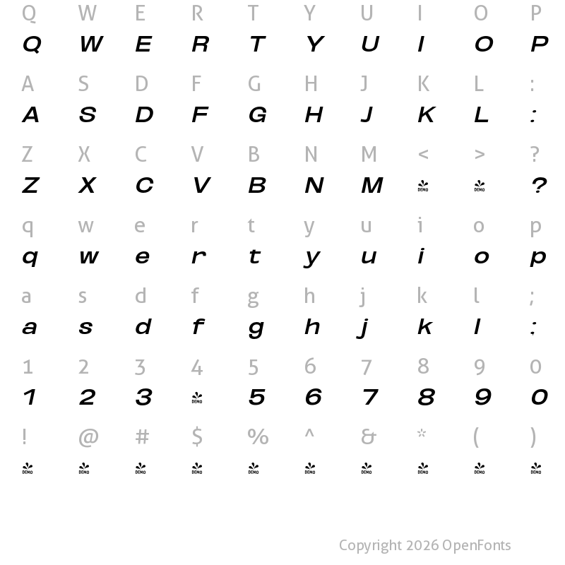 Character Map of FONTSPRING DEMO - SemBd ExtExp UtObli Italic
