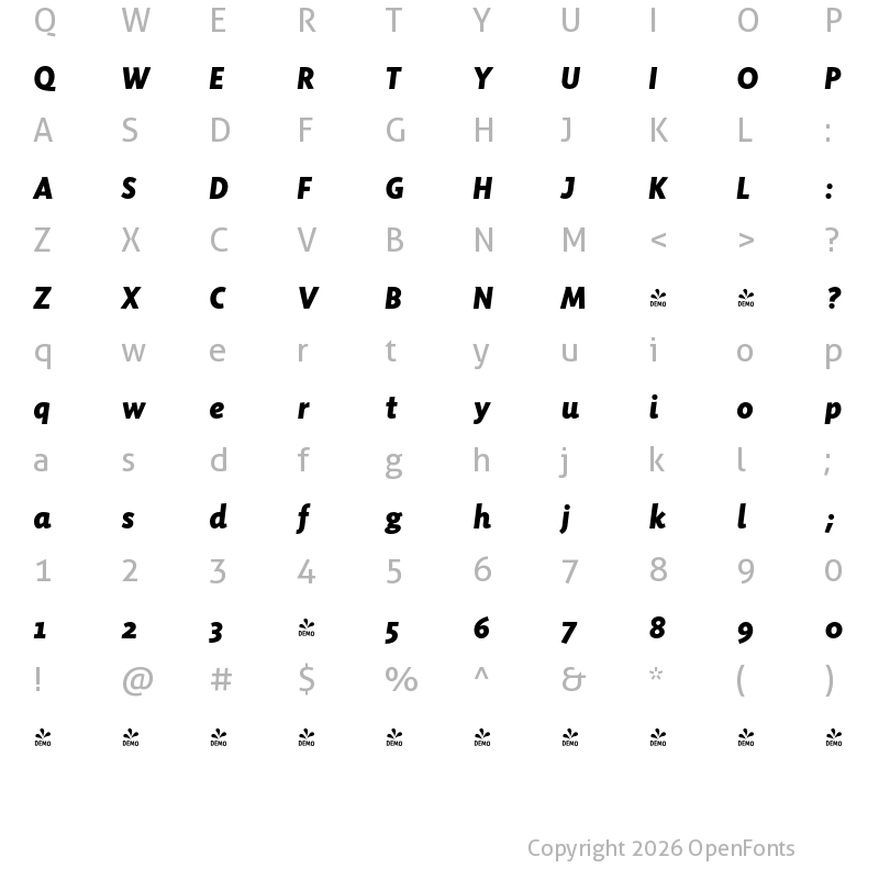 Character Map of FONTSPRING DEMO - Sensibility ExtraBold Italic Regular