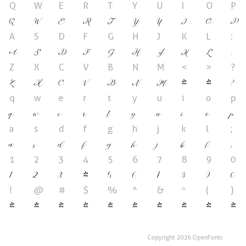 Character Map of FONTSPRING DEMO - Sentosha Script Regular