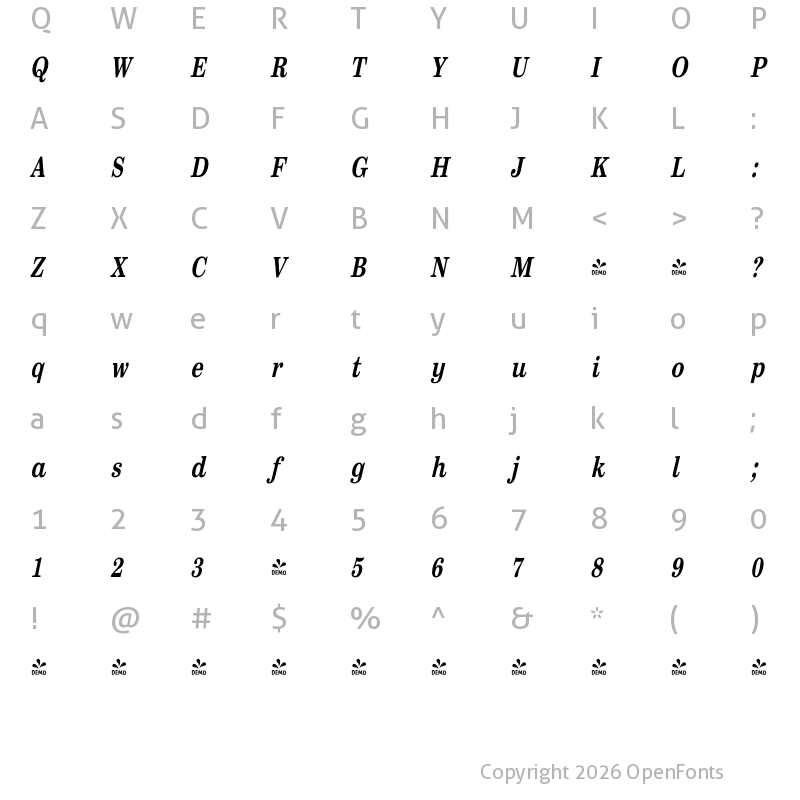 Character Map of FONTSPRING DEMO - Sentry Condensed Bold Italic