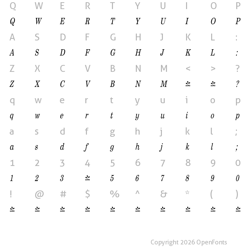 Character Map of FONTSPRING DEMO - Sentry Condensed Italic