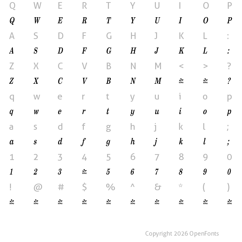 Character Map of FONTSPRING DEMO - Sentry Condensed SemiBold Italic