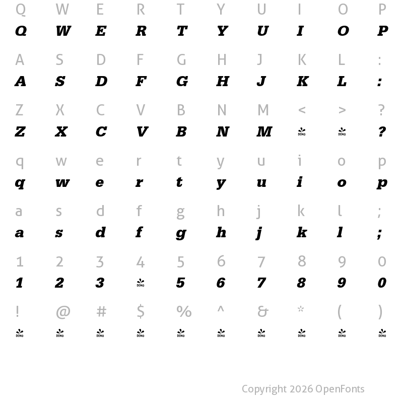 Character Map of FONTSPRING DEMO - Serifa Bold Italic