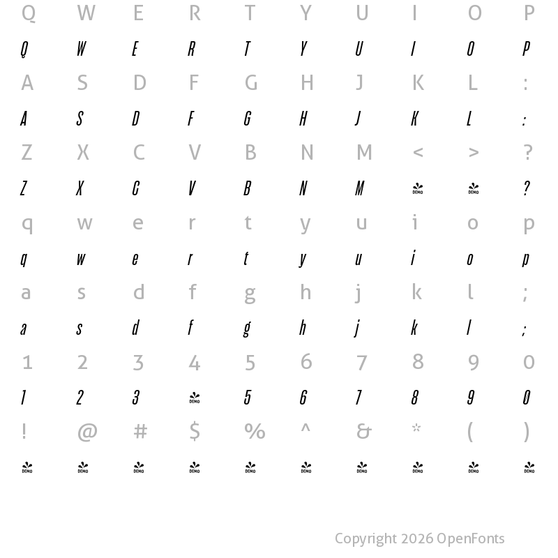 Character Map of FONTSPRING DEMO - Seriguela Medium It Regular