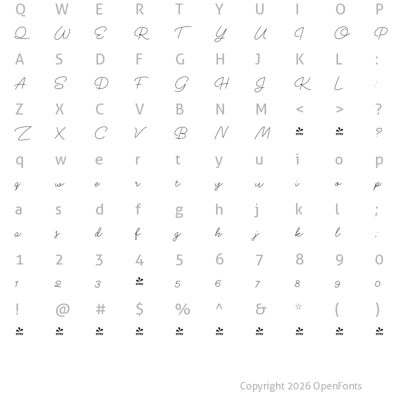 Character Map of FONTSPRING DEMO - Shaker Script Regular