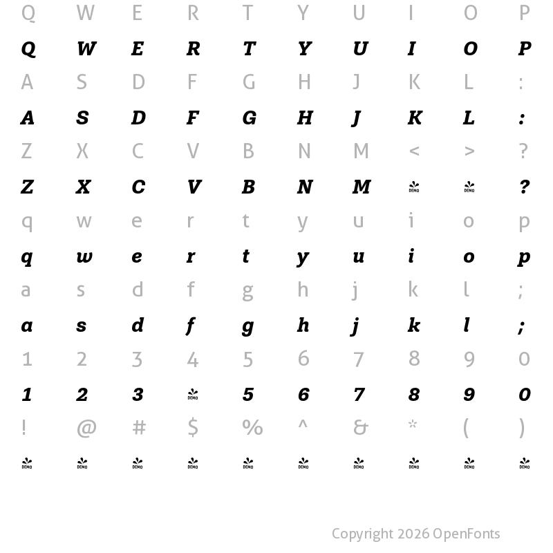 Character Map of FONTSPRING DEMO - Shandon Slab Italic