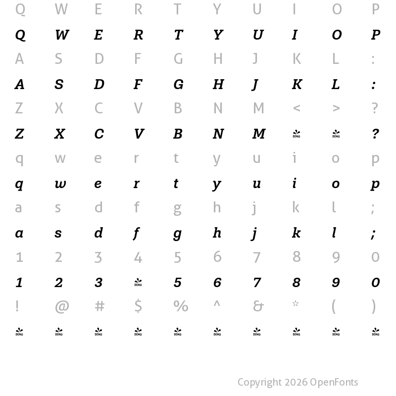 Character Map of FONTSPRING DEMO - Shandon Slab Medium Italic