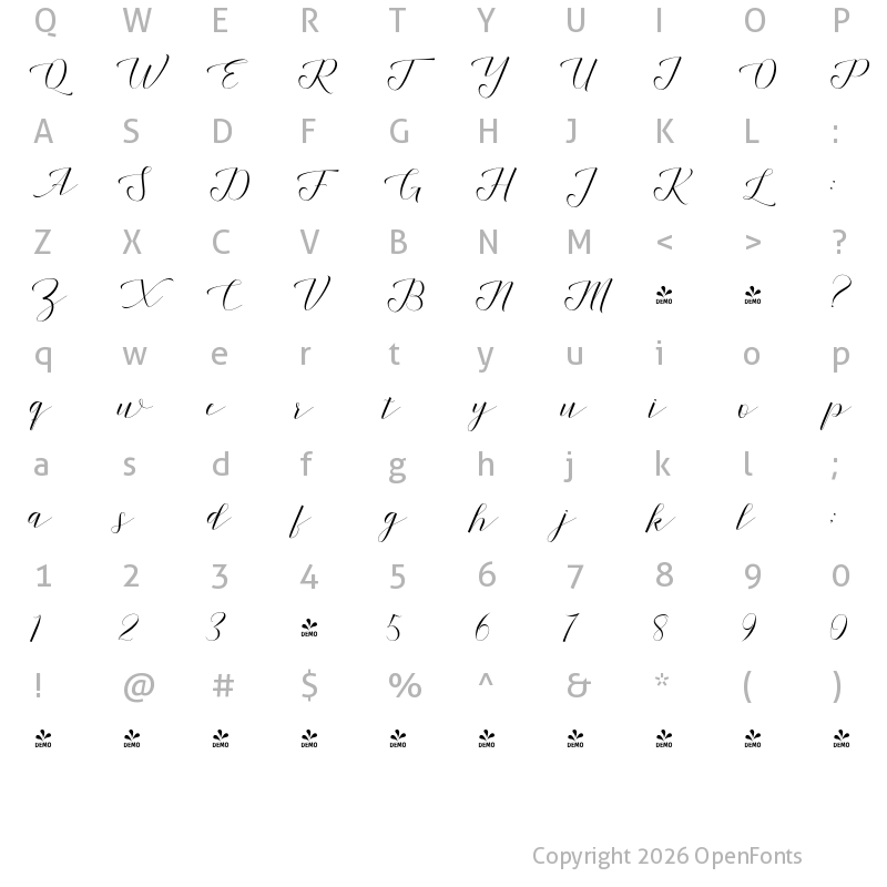 Character Map of FONTSPRING DEMO - Shanti Slant Regular