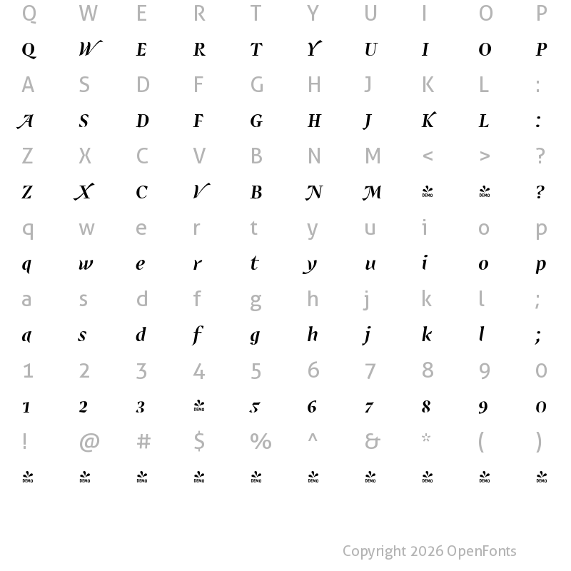 Character Map of FONTSPRING DEMO - Shapa JY Bold Italic