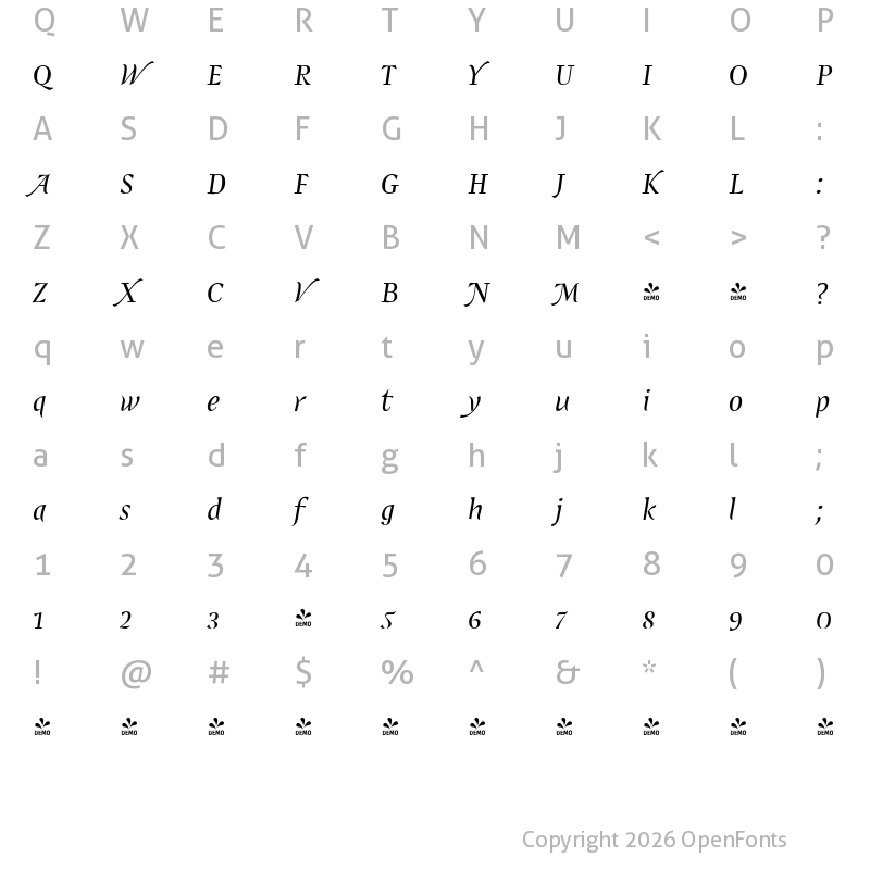 Character Map of FONTSPRING DEMO - Shapa JY Light Italic