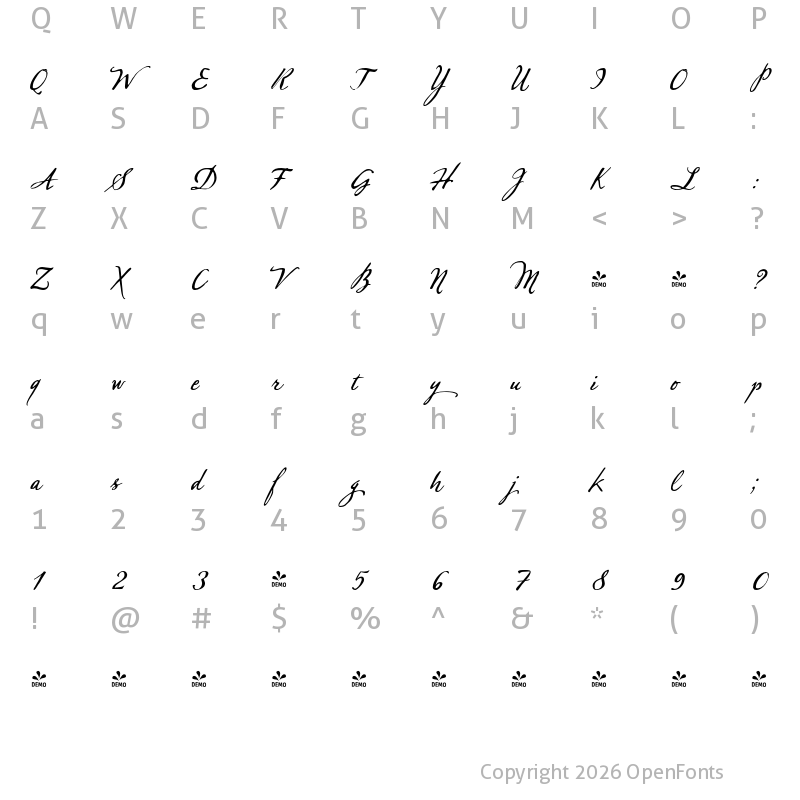 Character Map of FONTSPRING DEMO - Sherlock-Script Regular
