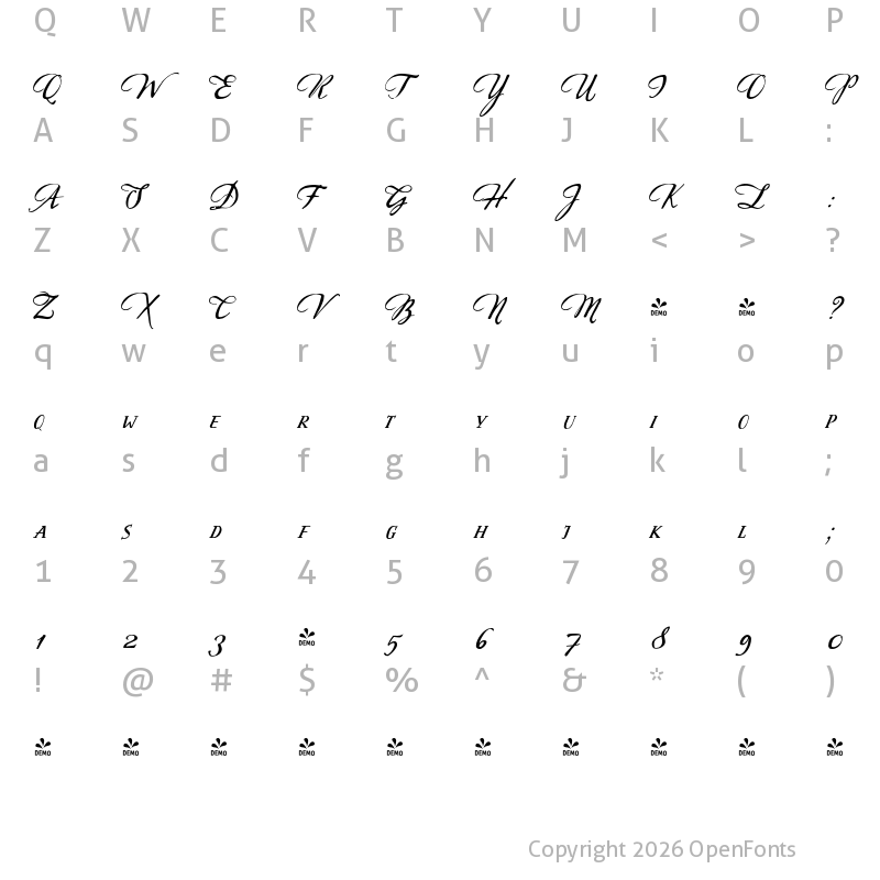 Character Map of FONTSPRING DEMO - Sherlock-Script2 Regular