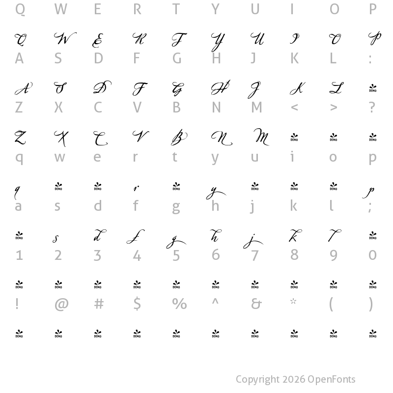 Character Map of FONTSPRING DEMO - Sherlock-Script3 Regular