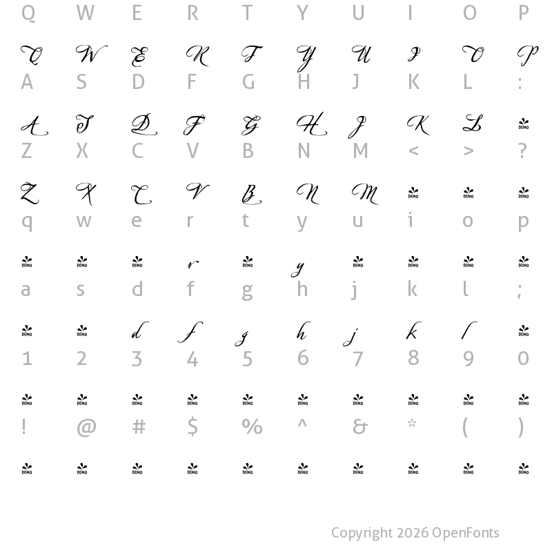 Character Map of FONTSPRING DEMO - Sherlock-Script4 Regular