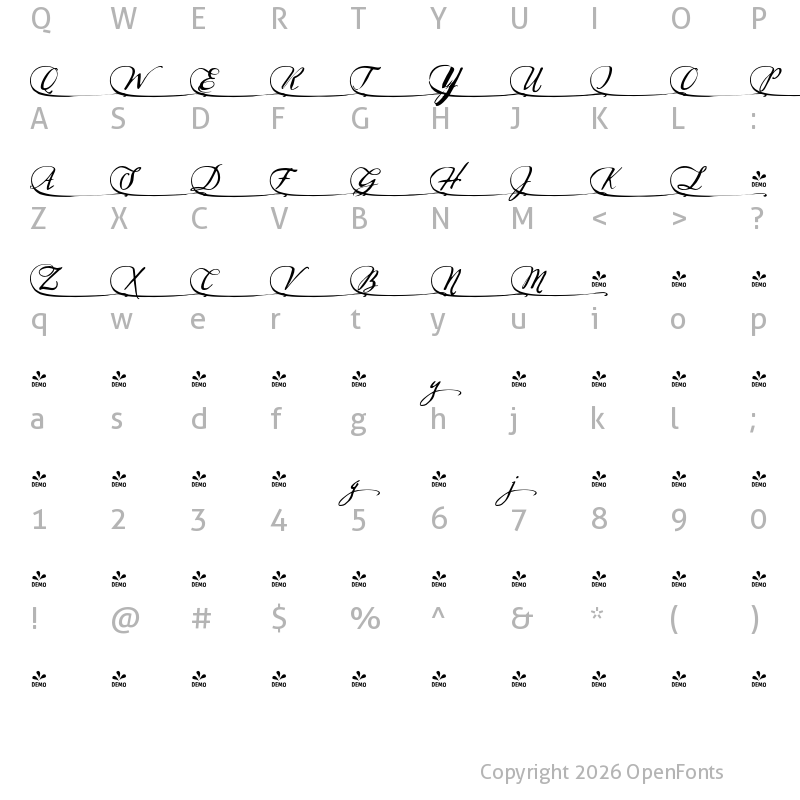 Character Map of FONTSPRING DEMO - Sherlock-Script6 Regular