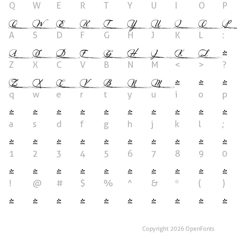 Character Map of FONTSPRING DEMO - Sherlock-Script7 Regular