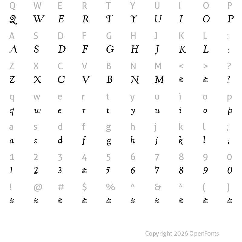 Character Map of FONTSPRING DEMO - ShipleyItalic Regular
