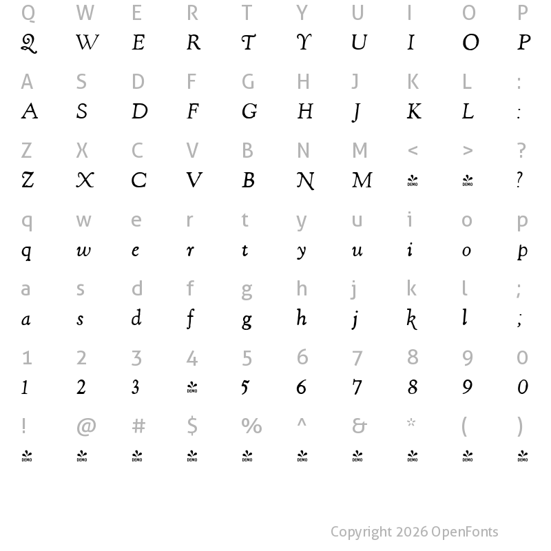 Character Map of FONTSPRING DEMO - ShipleyRoughItalic Regular