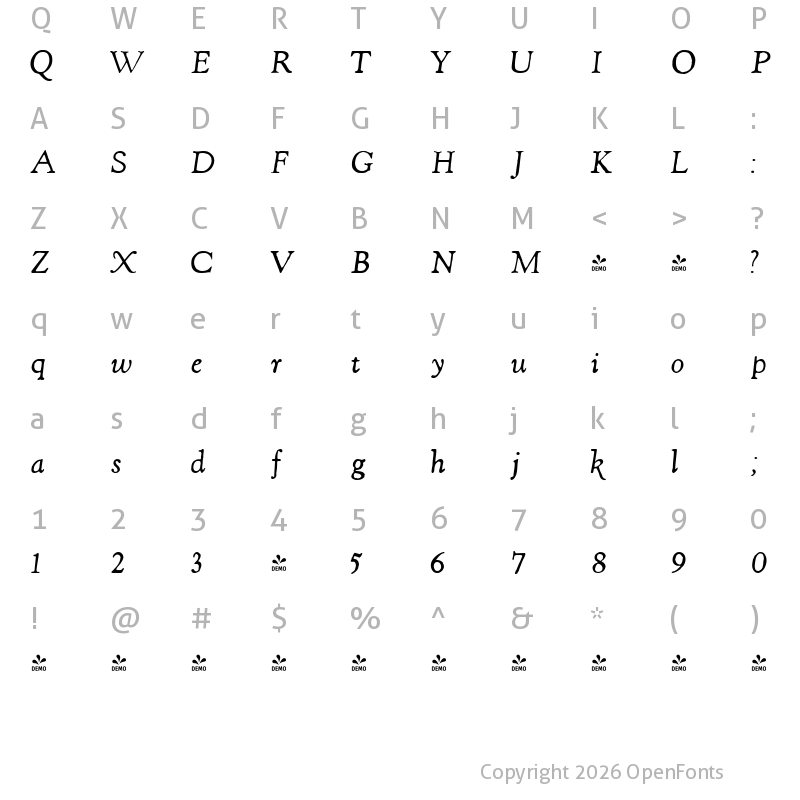 Character Map of FONTSPRING DEMO - ShipleyRoughItalicAlt Regular