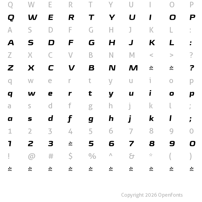 Character Map of FONTSPRING DEMO - Sica Expanded ExtraBold Italic